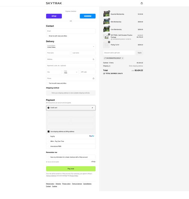 SkyTrak checkout page showing SkyTrak discount code box | Screenshot taken by SimplyCodes community member on Sep 16, 2025