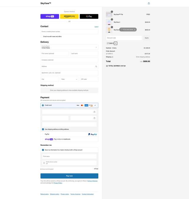 SKYVIEW checkout page showing SKYVIEW promo code box | Screenshot taken by SimplyCodes community member on Mar 1, 2025