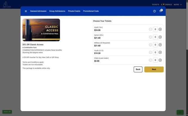 Sky View Observatory checkout page showing Sky View Observatory promo code box | Screenshot taken by SimplyCodes community member on Sep 9, 2025