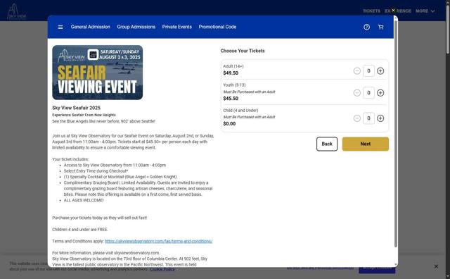 Sky View Observatory checkout page showing Sky View Observatory promo code box | Screenshot taken by SimplyCodes community member on Jul 26, 2025