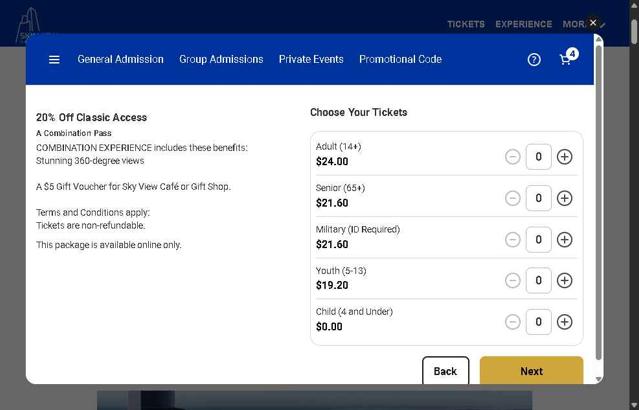 Sky View Observatory checkout page showing Sky View Observatory promo code box | Screenshot taken by SimplyCodes community member on Aug 24, 2025