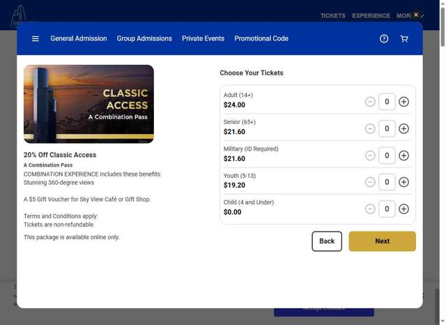 Sky View Observatory checkout page showing Sky View Observatory promo code box | Screenshot taken by SimplyCodes community member on Jul 26, 2025