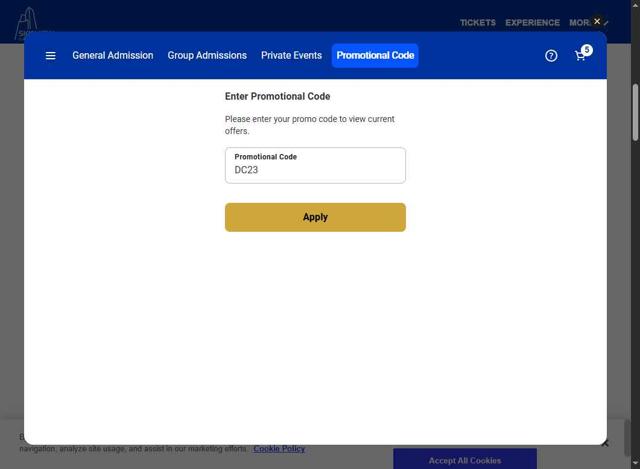 Sky View Observatory checkout page showing Sky View Observatory promo code box | Screenshot taken by SimplyCodes community member on Jul 13, 2025