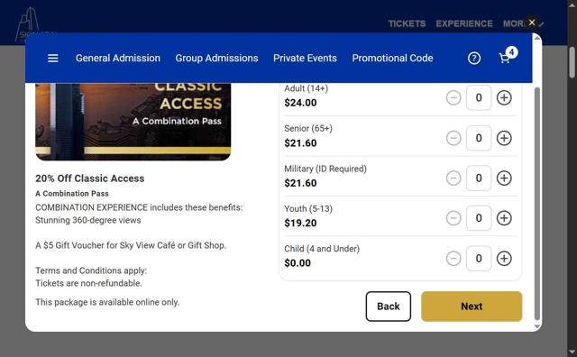 Sky View Observatory checkout page showing Sky View Observatory promo code box | Screenshot taken by SimplyCodes community member on Jul 23, 2025