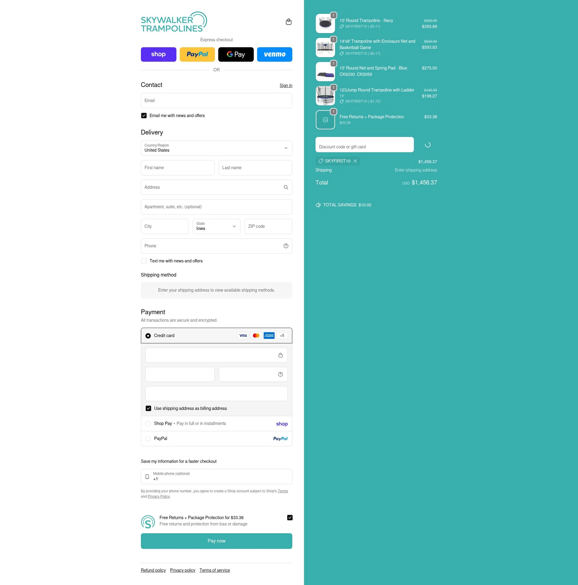 Skywalker Trampolines checkout page showing Skywalker Trampolines discount code box | Screenshot taken by SimplyCodes community member on Feb 4, 2026