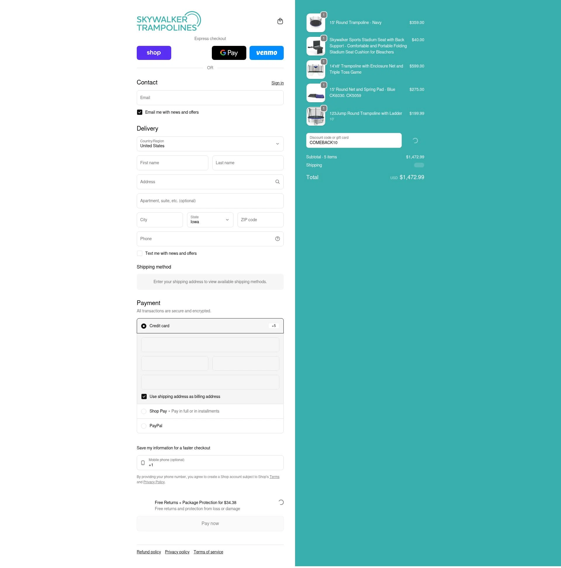Skywalker Trampolines checkout page showing Skywalker Trampolines discount code box | Screenshot taken by SimplyCodes community member on Jan 31, 2026