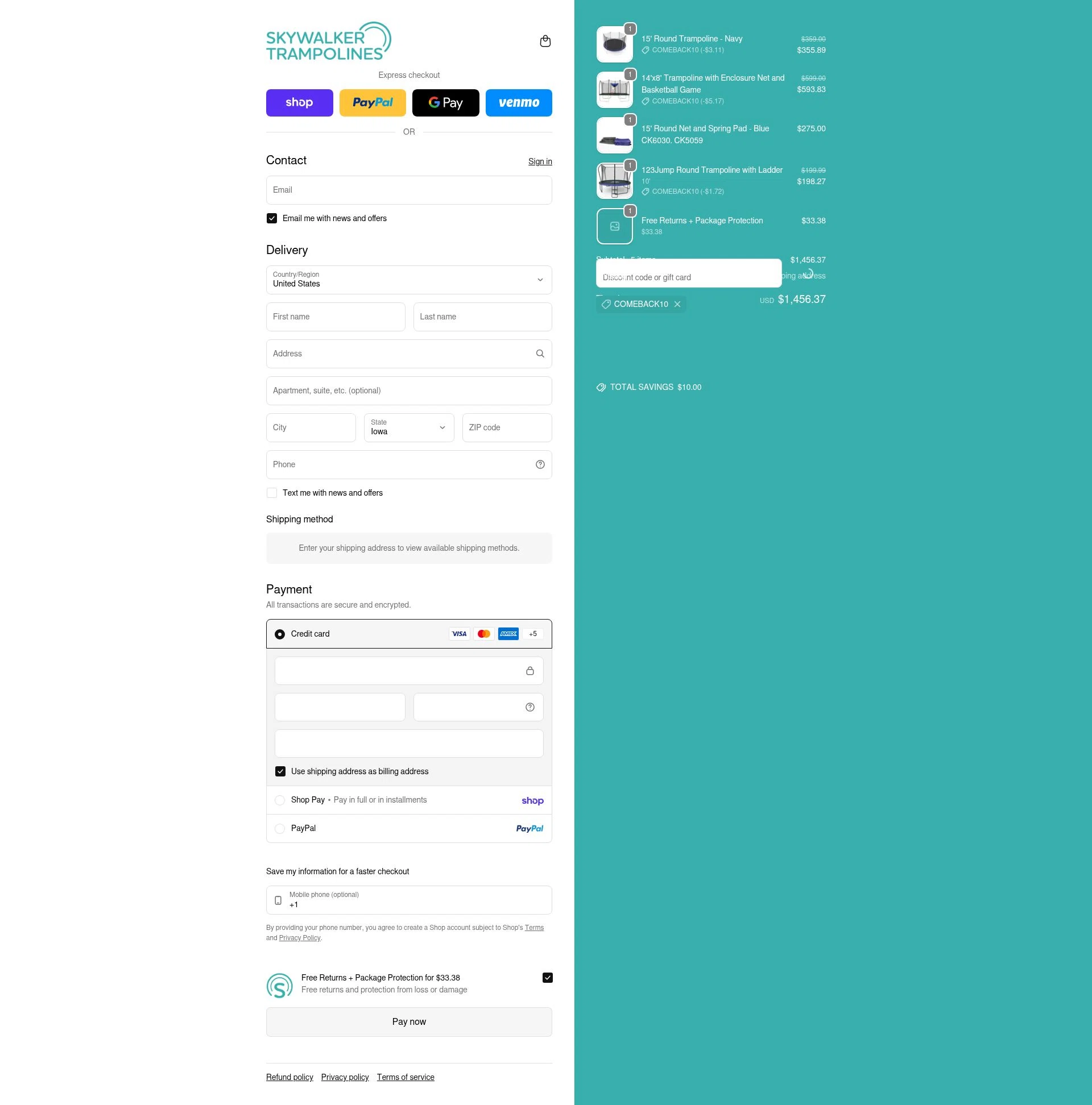 Skywalker Trampolines checkout page showing Skywalker Trampolines discount code box | Screenshot taken by SimplyCodes community member on Feb 4, 2026