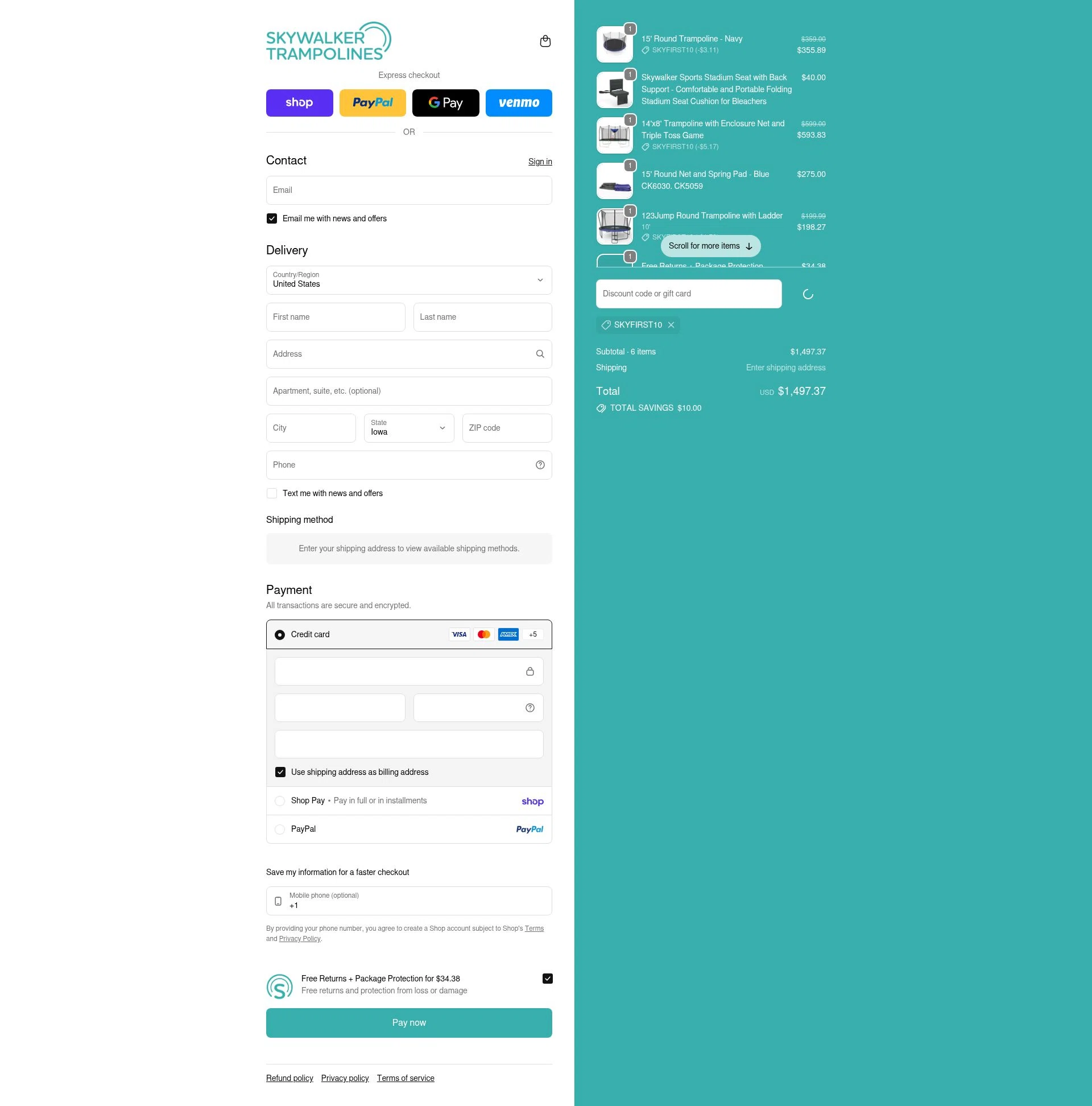 Skywalker Trampolines checkout page showing Skywalker Trampolines discount code box | Screenshot taken by SimplyCodes community member on Jan 31, 2026