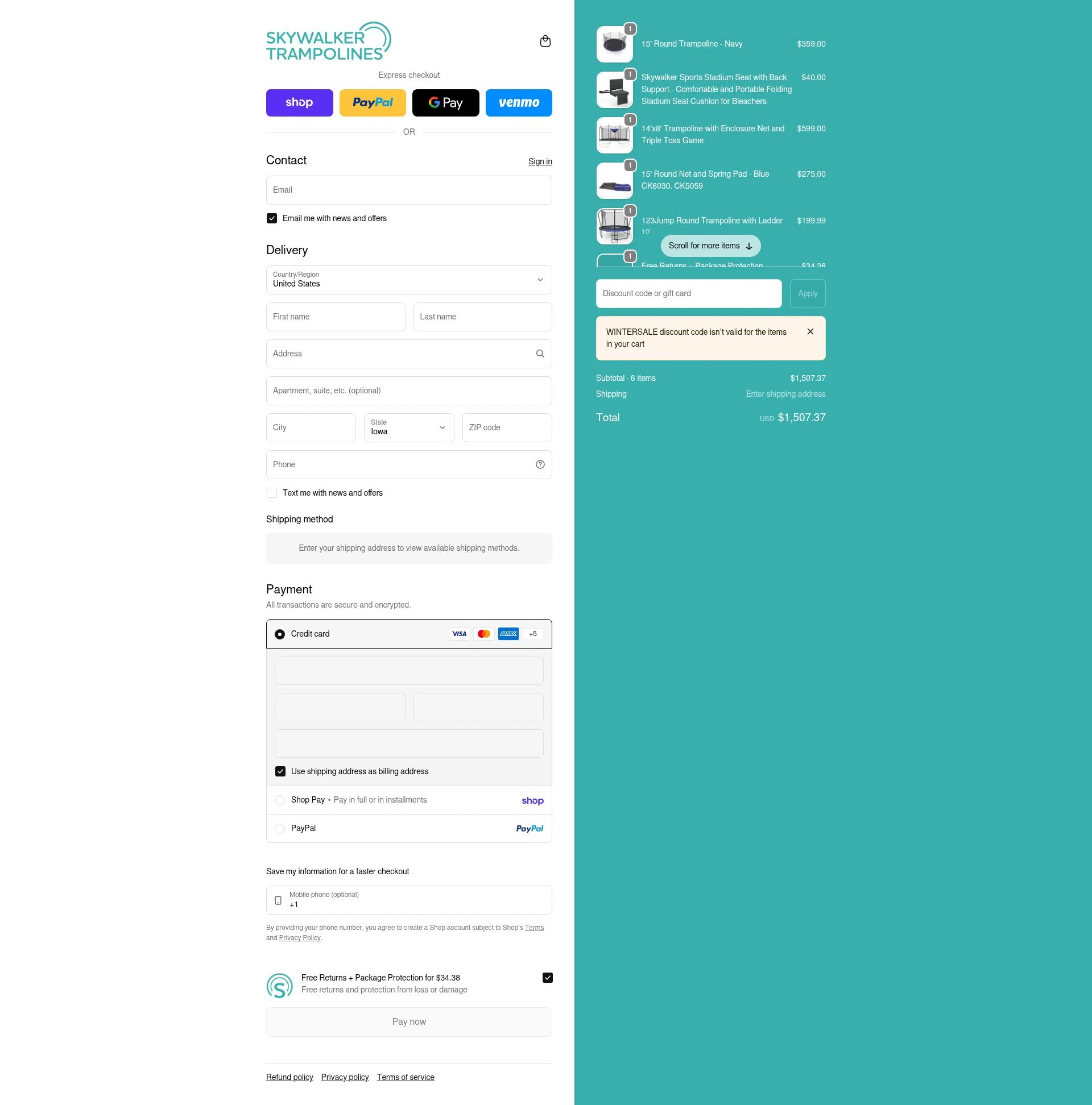 Skywalker Trampolines checkout page showing Skywalker Trampolines discount code box | Screenshot taken by SimplyCodes community member on Jan 31, 2026