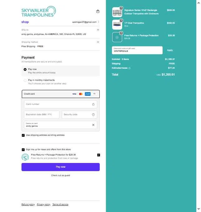 Skywalker Trampolines checkout page showing Skywalker Trampolines discount code box | Screenshot taken by SimplyCodes community member on Jan 26, 2026
