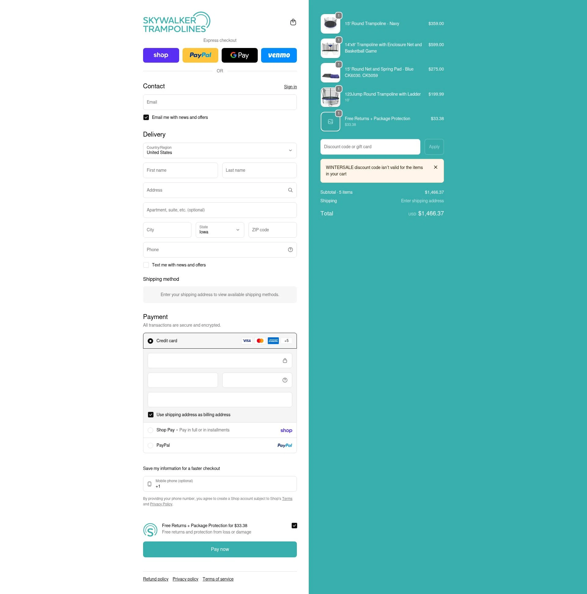 Skywalker Trampolines checkout page showing Skywalker Trampolines discount code box | Screenshot taken by SimplyCodes community member on Feb 4, 2026