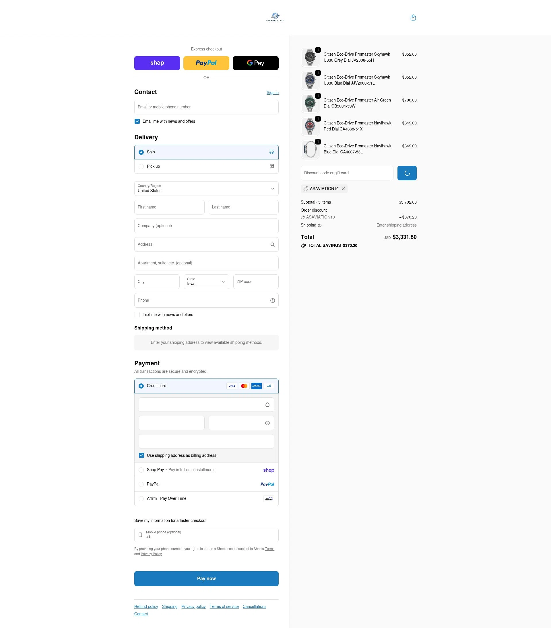 Skywing World checkout page showing Skywing World promo code box | Screenshot taken by SimplyCodes community member on Feb 5, 2026