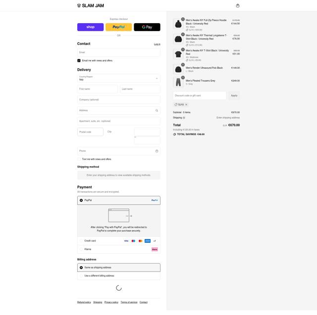 Slam Jam checkout page showing Slam Jam discount code box | Screenshot taken by SimplyCodes community member on Sep 7, 2025