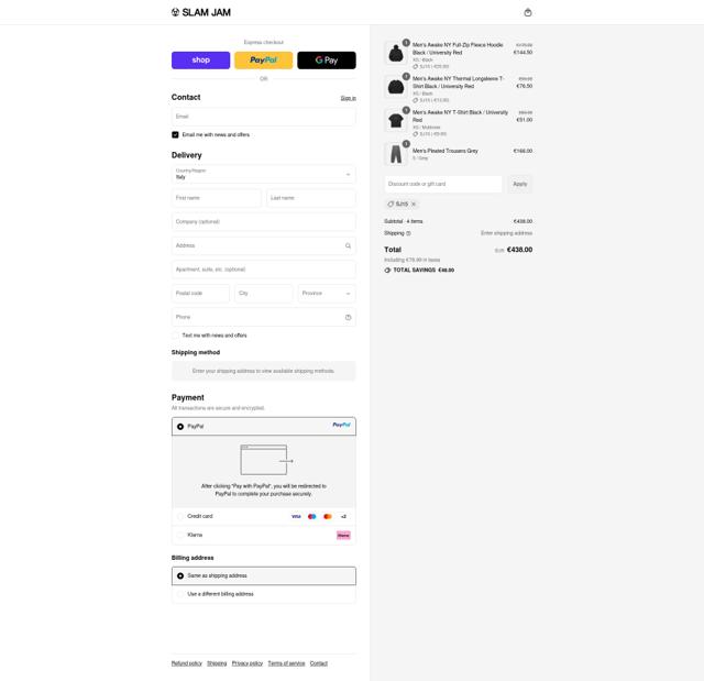Slam Jam checkout page showing Slam Jam discount code box | Screenshot taken by SimplyCodes community member on Sep 10, 2025