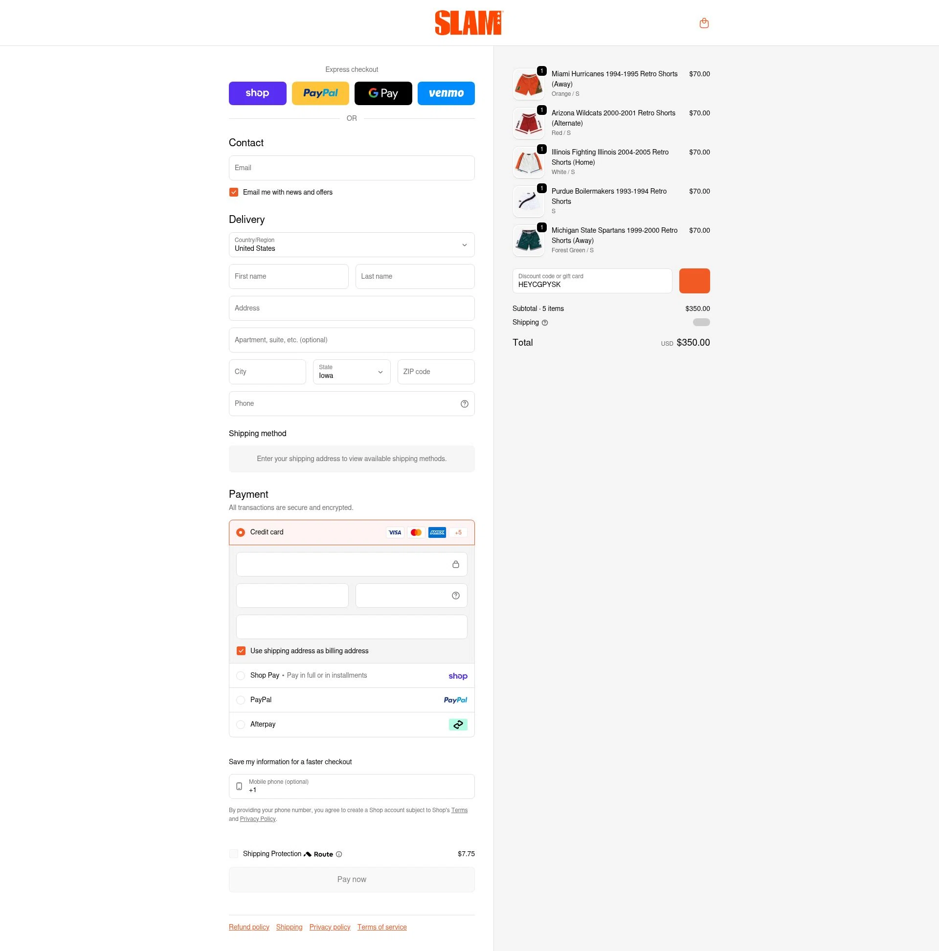 Slam checkout page showing Slam discount code box | Screenshot taken by SimplyCodes community member on Feb 18, 2026