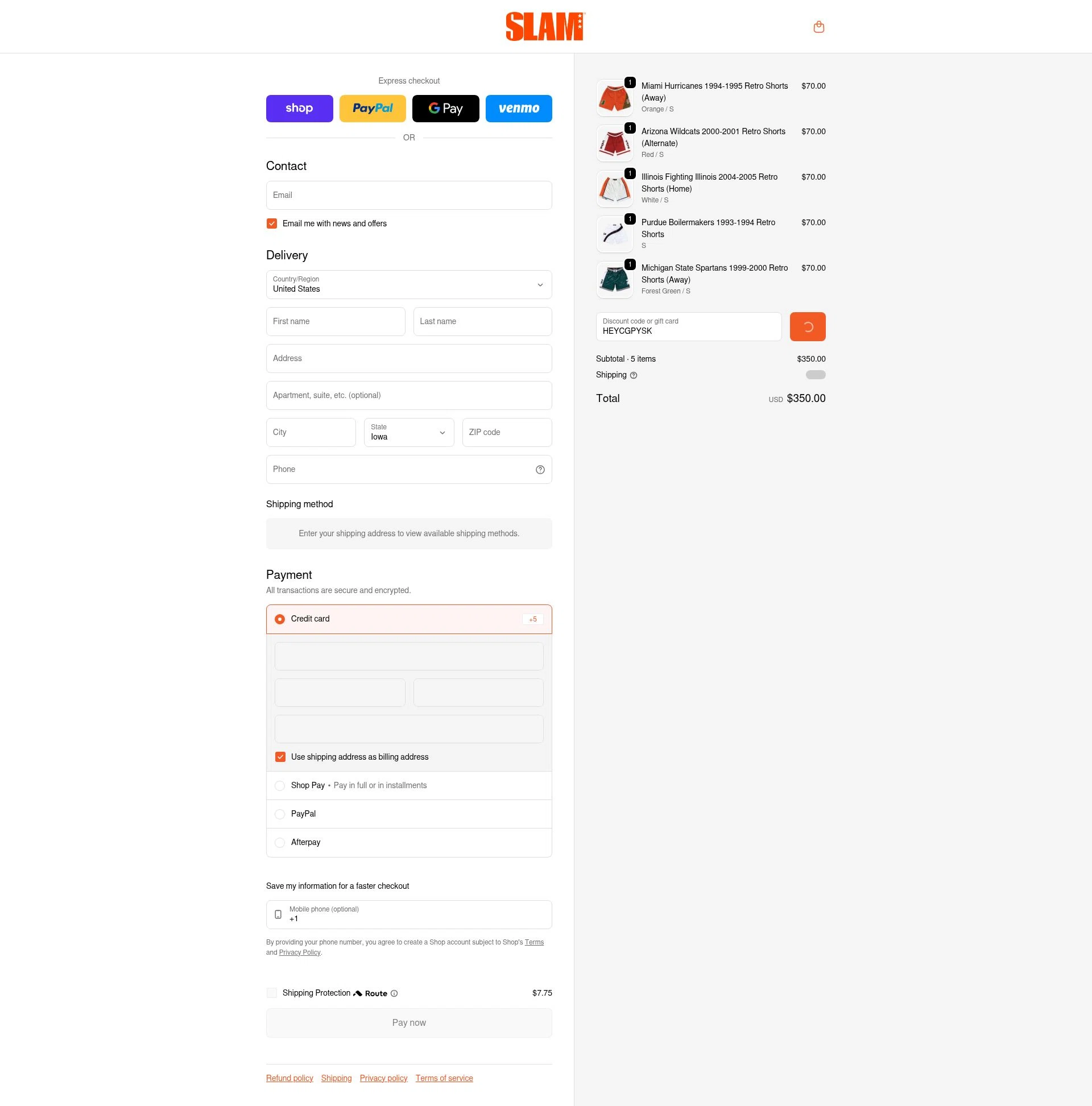 Slam checkout page showing Slam discount code box | Screenshot taken by SimplyCodes community member on Feb 13, 2026