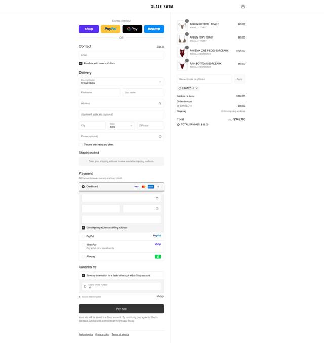 Slate Swim checkout page showing Slate Swim discount code box | Screenshot taken by SimplyCodes community member on Sep 11, 2025