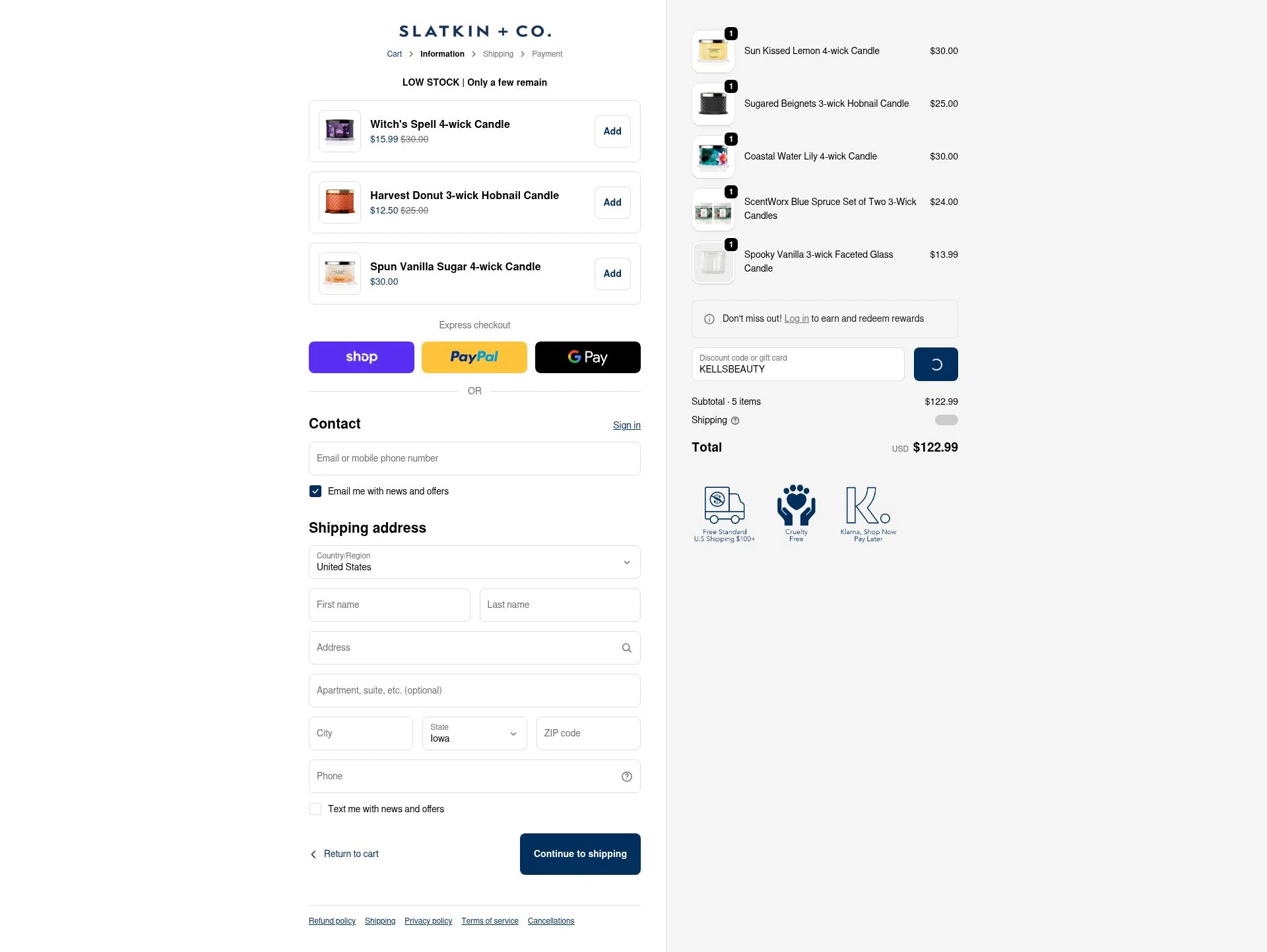 Slatkin & Co. checkout page showing Slatkin & Co. promo code box | Screenshot taken by SimplyCodes community member on Feb 6, 2026
