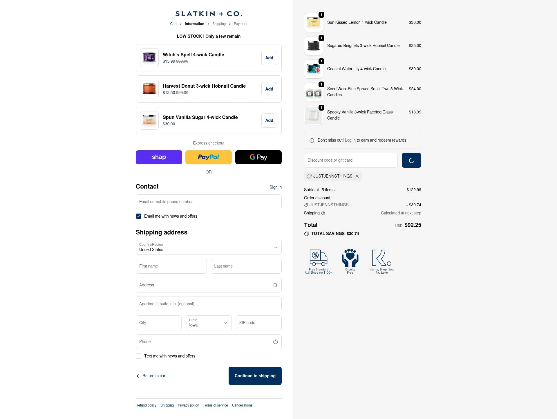 Slatkin & Co. checkout page showing Slatkin & Co. promo code box | Screenshot taken by SimplyCodes community member on Feb 6, 2026