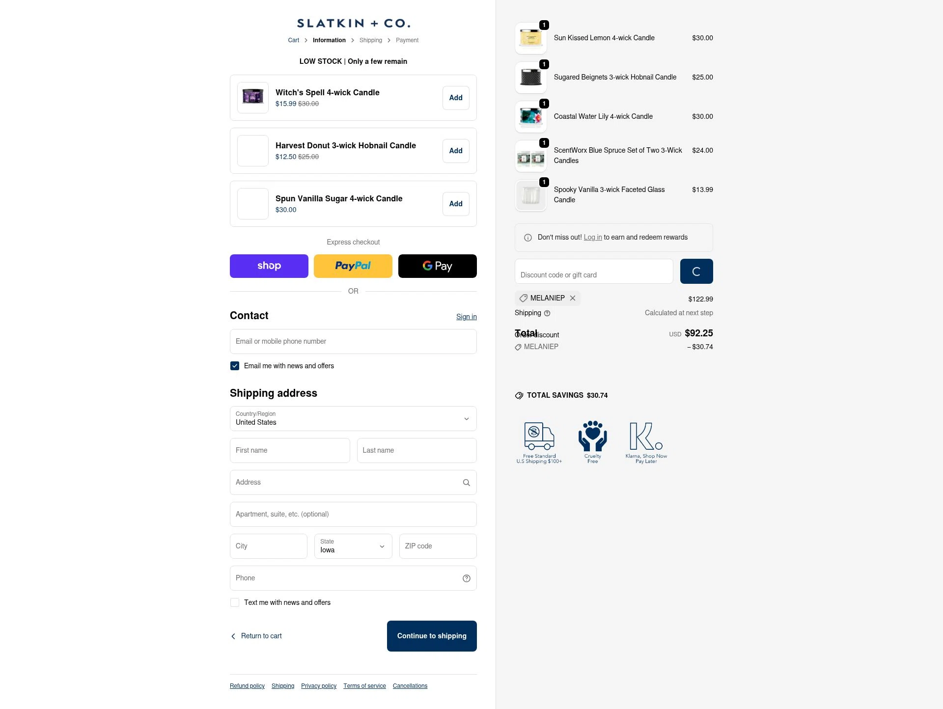 Slatkin & Co. checkout page showing Slatkin & Co. promo code box | Screenshot taken by SimplyCodes community member on Feb 6, 2026