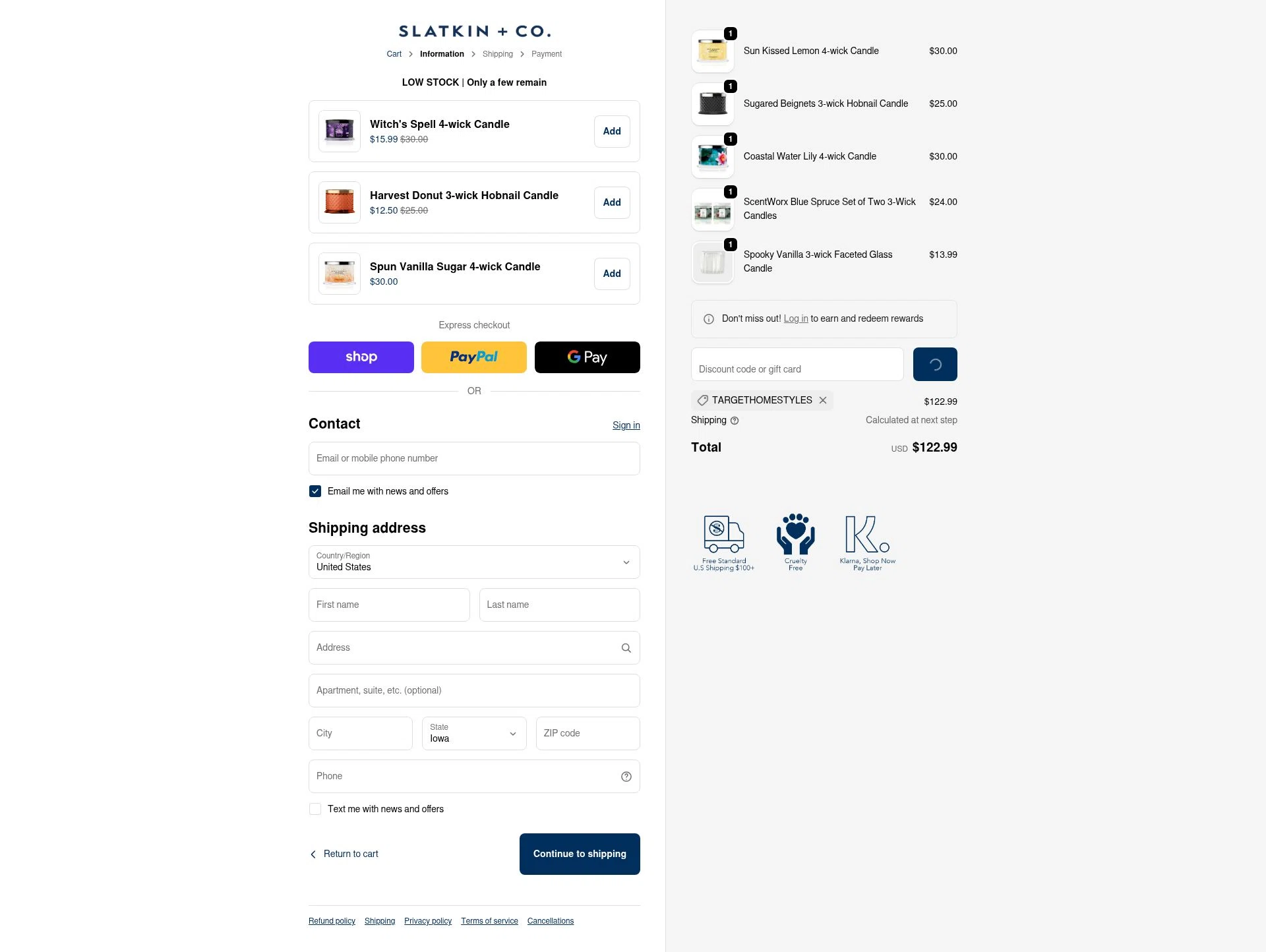 Slatkin & Co. checkout page showing Slatkin & Co. promo code box | Screenshot taken by SimplyCodes community member on Feb 6, 2026
