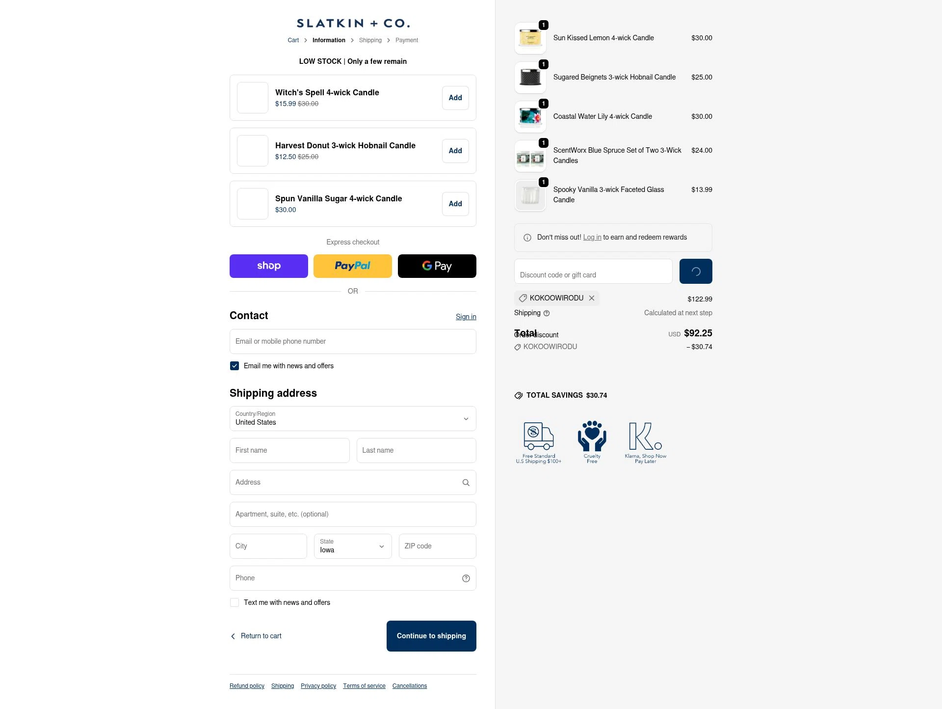 Slatkin & Co. checkout page showing Slatkin & Co. promo code box | Screenshot taken by SimplyCodes community member on Feb 6, 2026