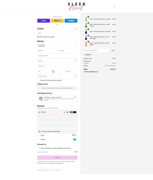 Sleek Nail checkout page showing Sleek Nail promo code box | Screenshot taken by SimplyCodes community member on Sep 12, 2025