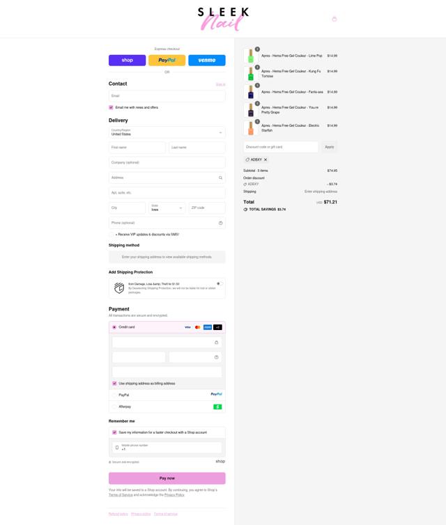 Sleek Nail checkout page showing Sleek Nail promo code box | Screenshot taken by SimplyCodes community member on Sep 12, 2025