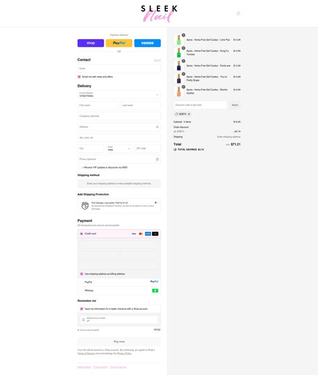 Sleek Nail checkout page showing Sleek Nail promo code box | Screenshot taken by SimplyCodes community member on Sep 12, 2025