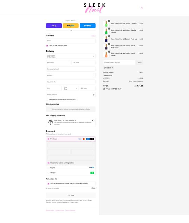 Sleek Nail checkout page showing Sleek Nail promo code box | Screenshot taken by SimplyCodes community member on Sep 12, 2025