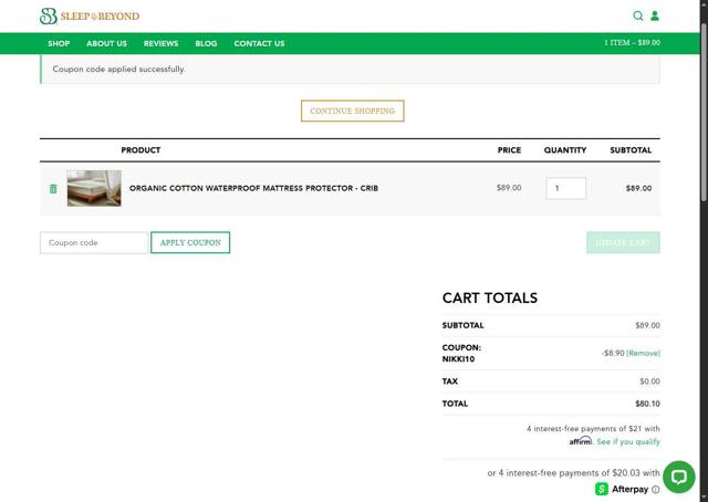Sleep & Beyond checkout page showing Sleep & Beyond coupon code box | Screenshot taken by SimplyCodes community member on Jul 21, 2025
