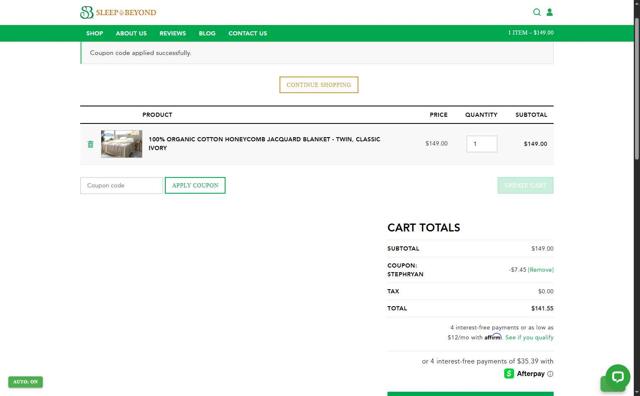 Sleep & Beyond checkout page showing Sleep & Beyond coupon code box | Screenshot taken by SimplyCodes community member on Sep 15, 2025