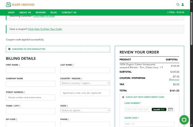 Sleep & Beyond checkout page showing Sleep & Beyond coupon code box | Screenshot taken by SimplyCodes community member on Aug 8, 2025