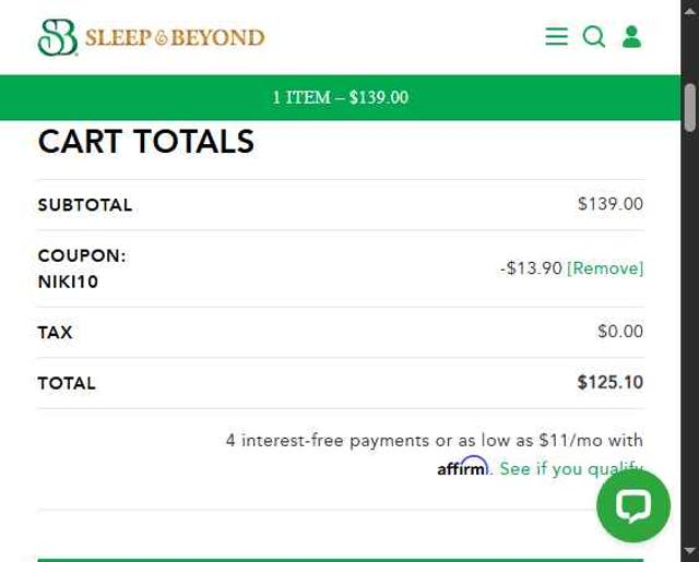 Sleep & Beyond checkout page showing Sleep & Beyond coupon code box | Screenshot taken by SimplyCodes community member on Aug 29, 2025