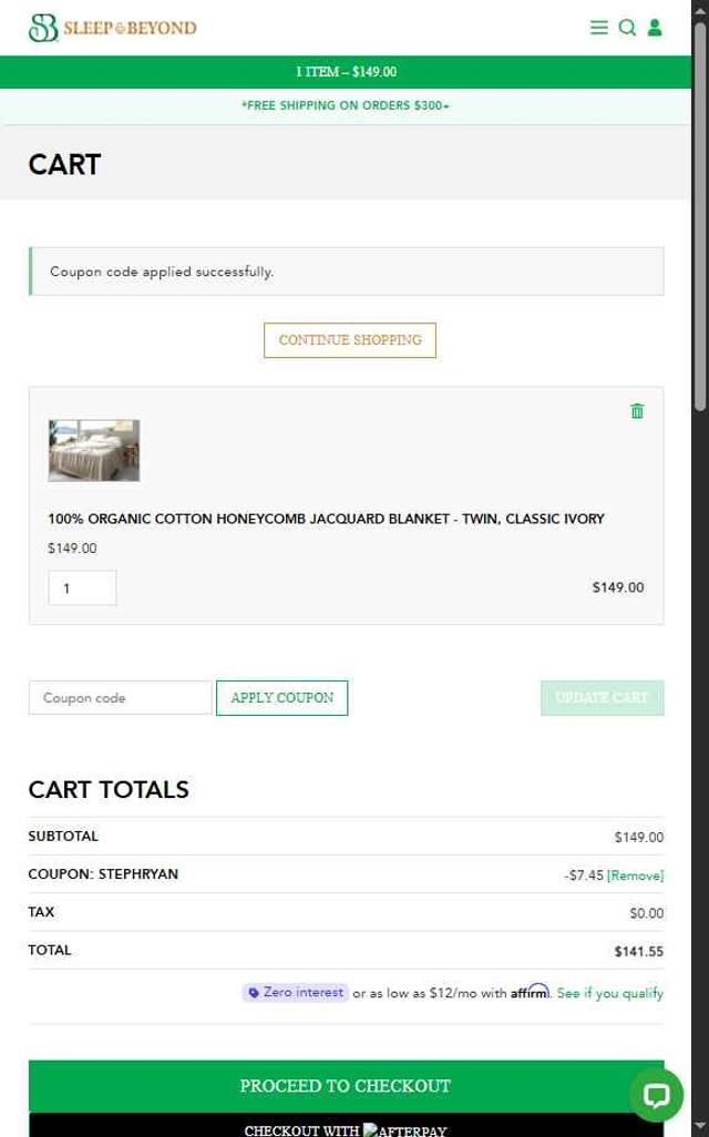 Sleep & Beyond checkout page showing Sleep & Beyond coupon code box | Screenshot taken by SimplyCodes community member on Sep 15, 2025