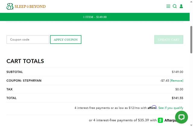 Sleep & Beyond checkout page showing Sleep & Beyond coupon code box | Screenshot taken by SimplyCodes community member on Aug 18, 2025