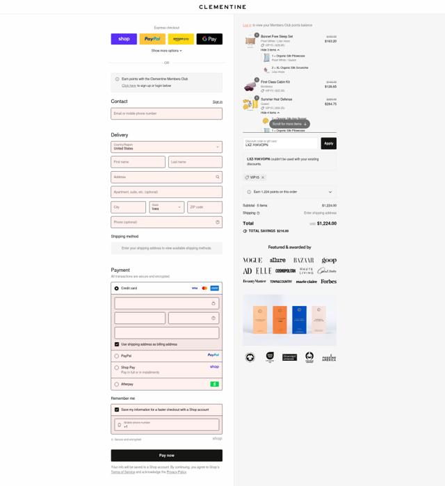 Clementine Silk checkout page showing Clementine Silk promo code box | Screenshot taken by SimplyCodes community member on Sep 9, 2025