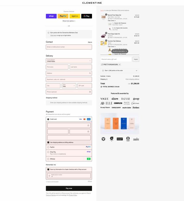 Clementine Silk checkout page showing Clementine Silk promo code box | Screenshot taken by SimplyCodes community member on Sep 13, 2025