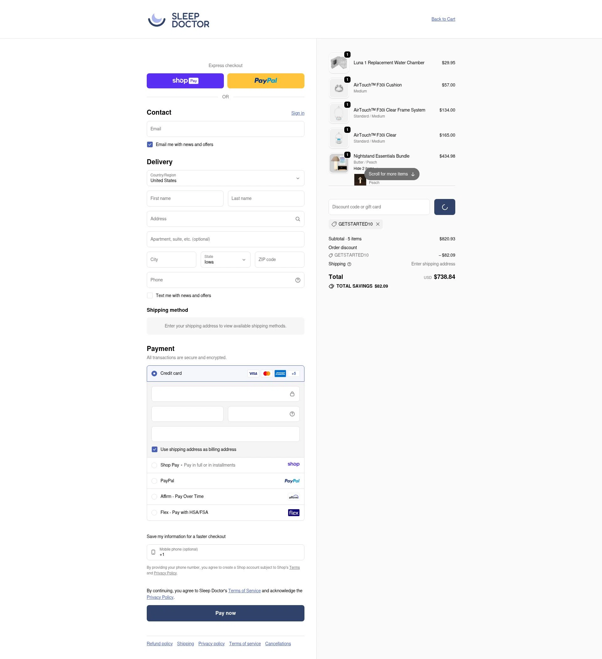 Sleep Doctor checkout page showing Sleep Doctor discount code box | Screenshot taken by SimplyCodes community member on Jan 10, 2026