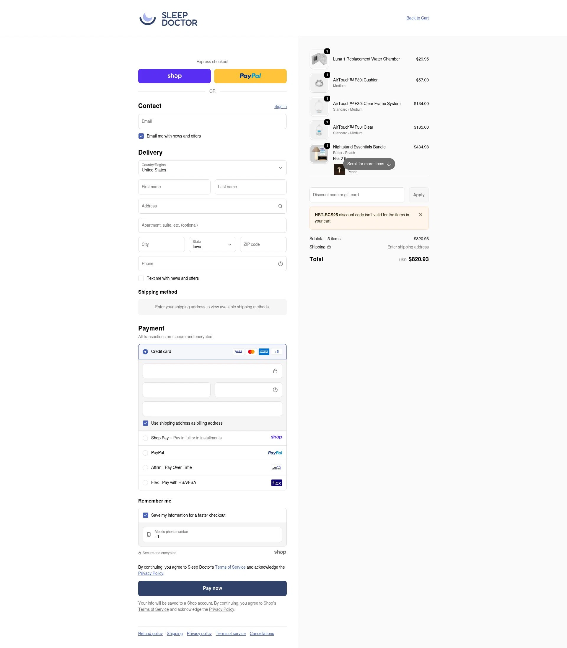 Sleep Doctor checkout page showing Sleep Doctor discount code box | Screenshot taken by SimplyCodes community member on Jan 6, 2026