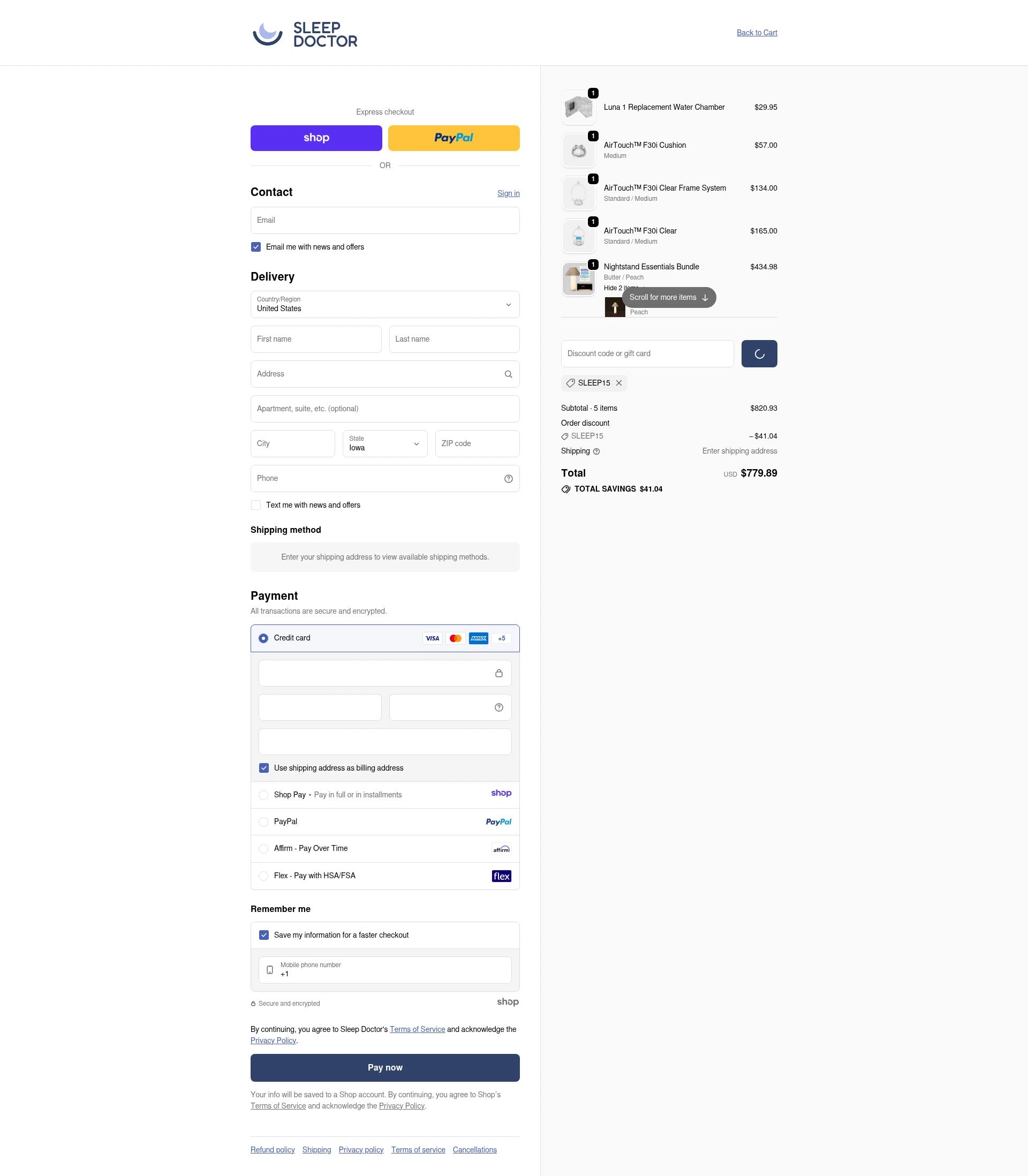 Sleep Doctor checkout page showing Sleep Doctor discount code box | Screenshot taken by SimplyCodes community member on Jan 6, 2026