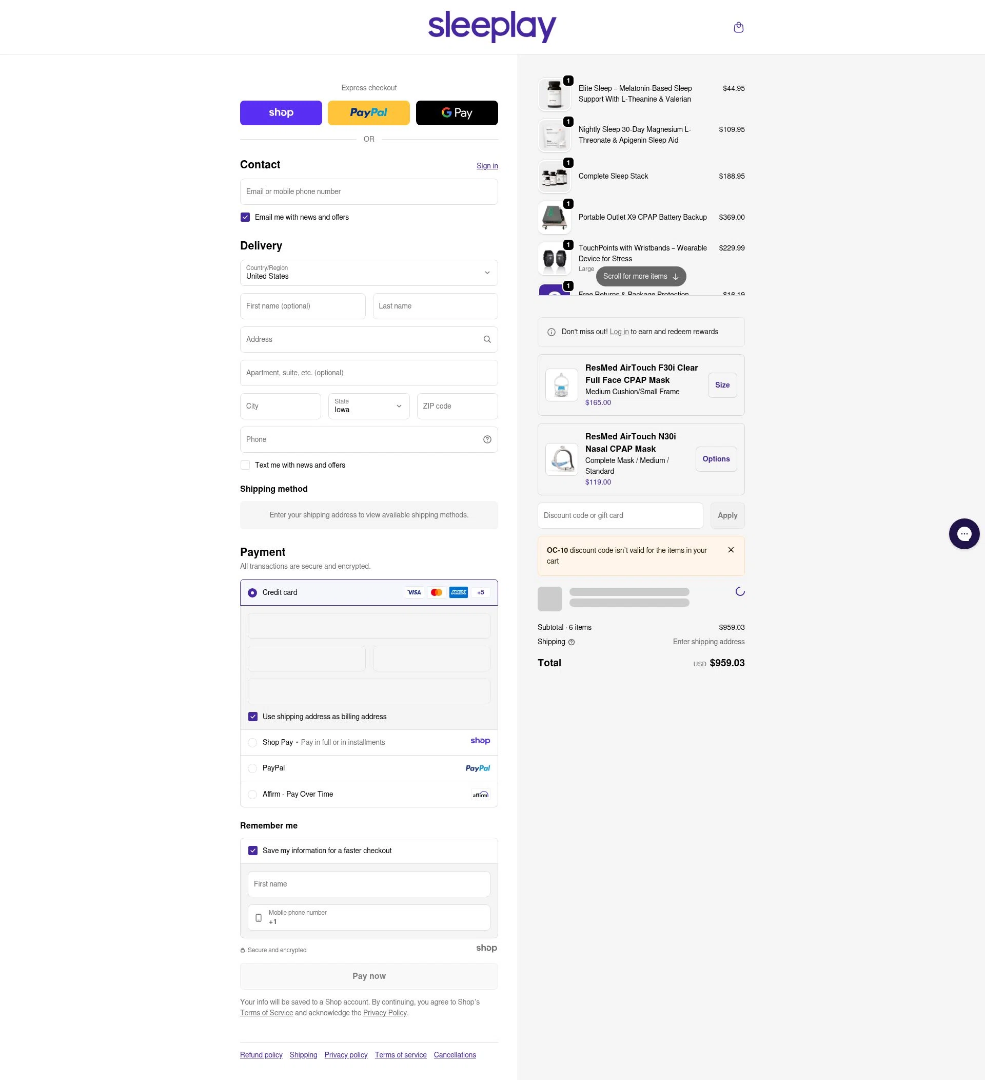 Sleeplay checkout page showing Sleeplay discount code box | Screenshot taken by SimplyCodes community member on Jan 5, 2026