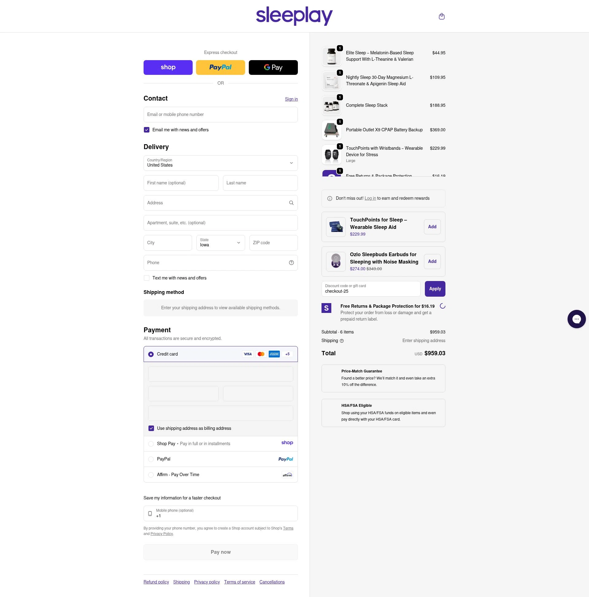 Sleeplay checkout page showing Sleeplay discount code box | Screenshot taken by SimplyCodes community member on Jan 10, 2026