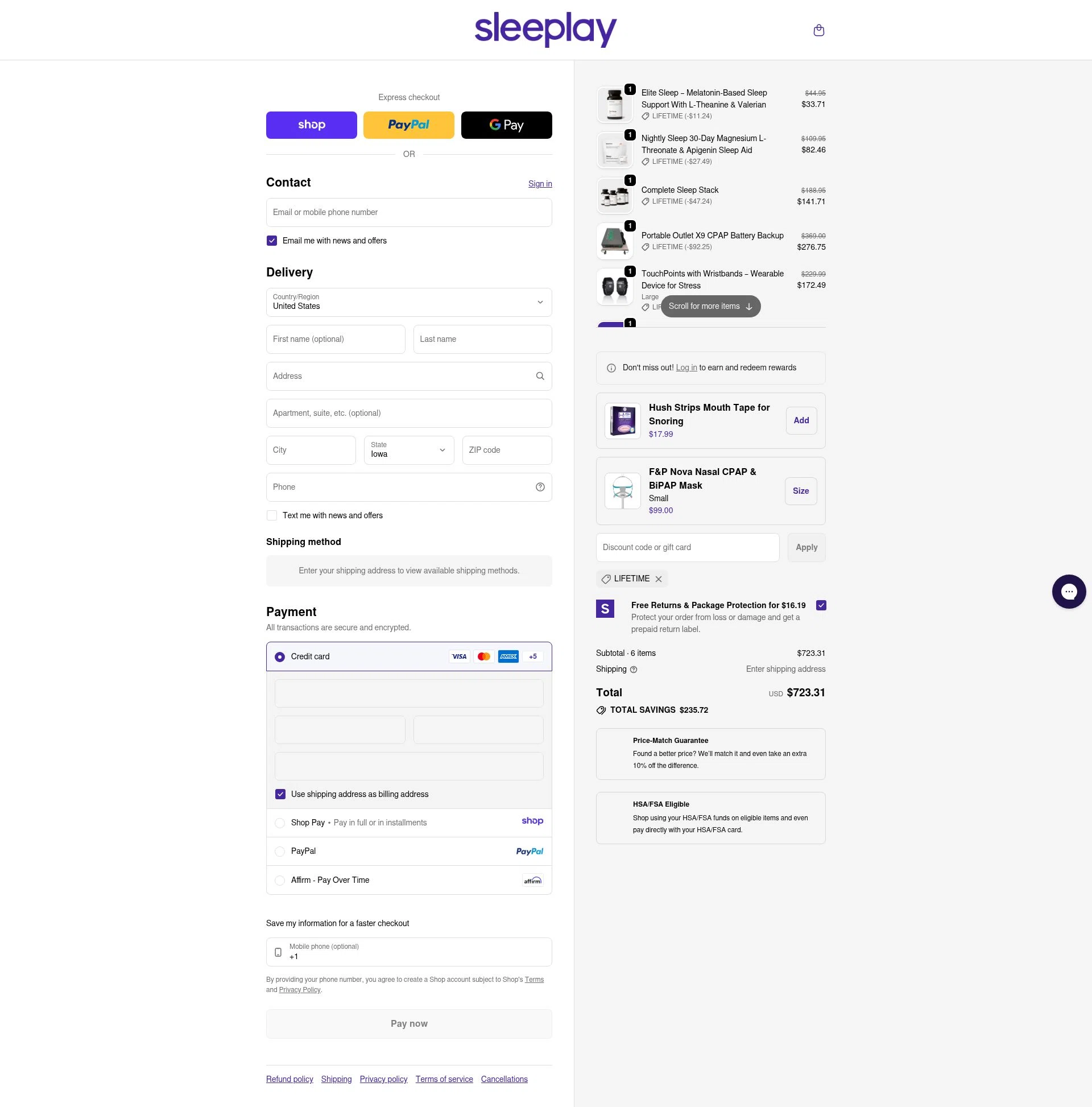Sleeplay checkout page showing Sleeplay discount code box | Screenshot taken by SimplyCodes community member on Jan 10, 2026
