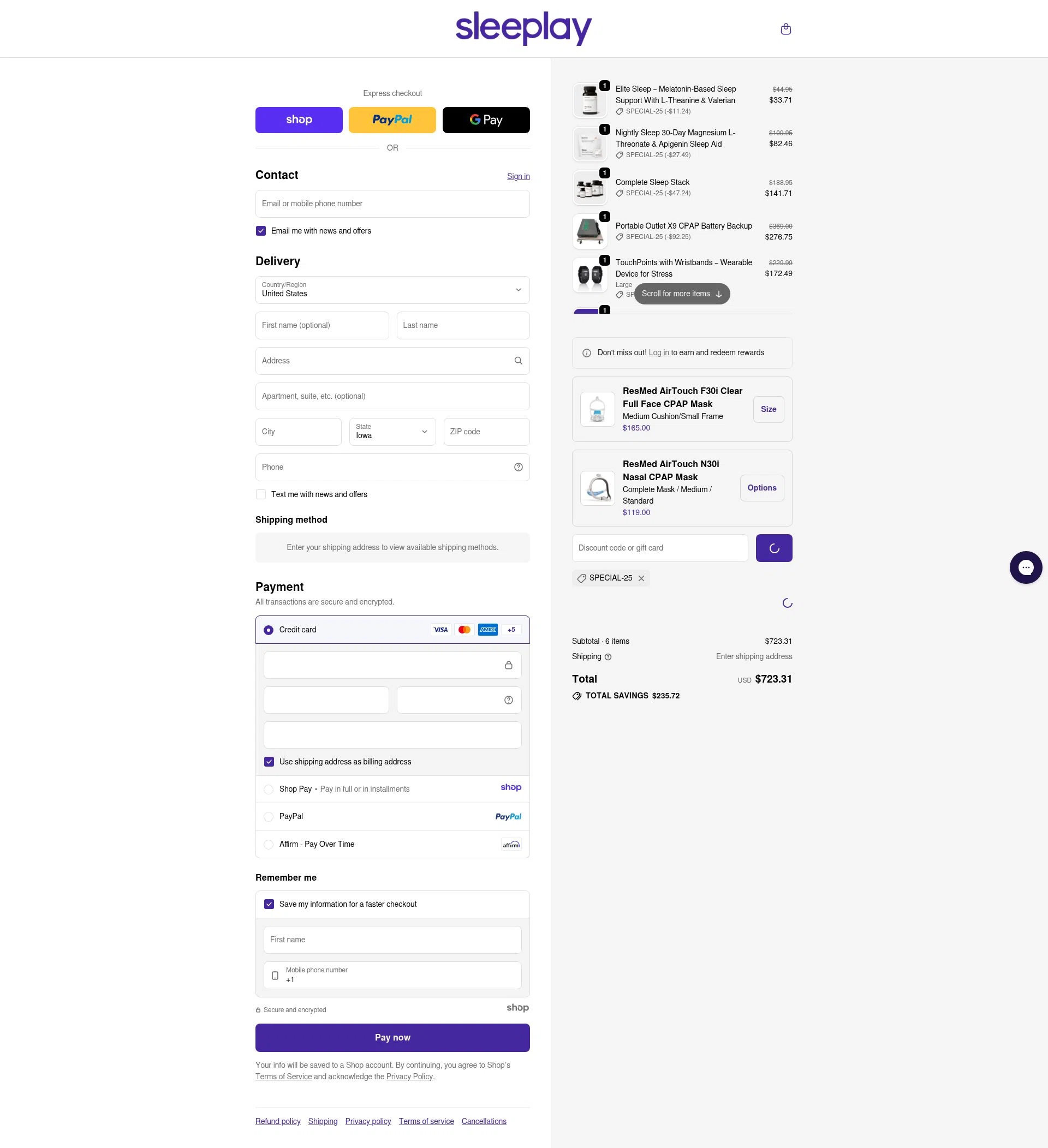 Sleeplay checkout page showing Sleeplay discount code box | Screenshot taken by SimplyCodes community member on Jan 5, 2026