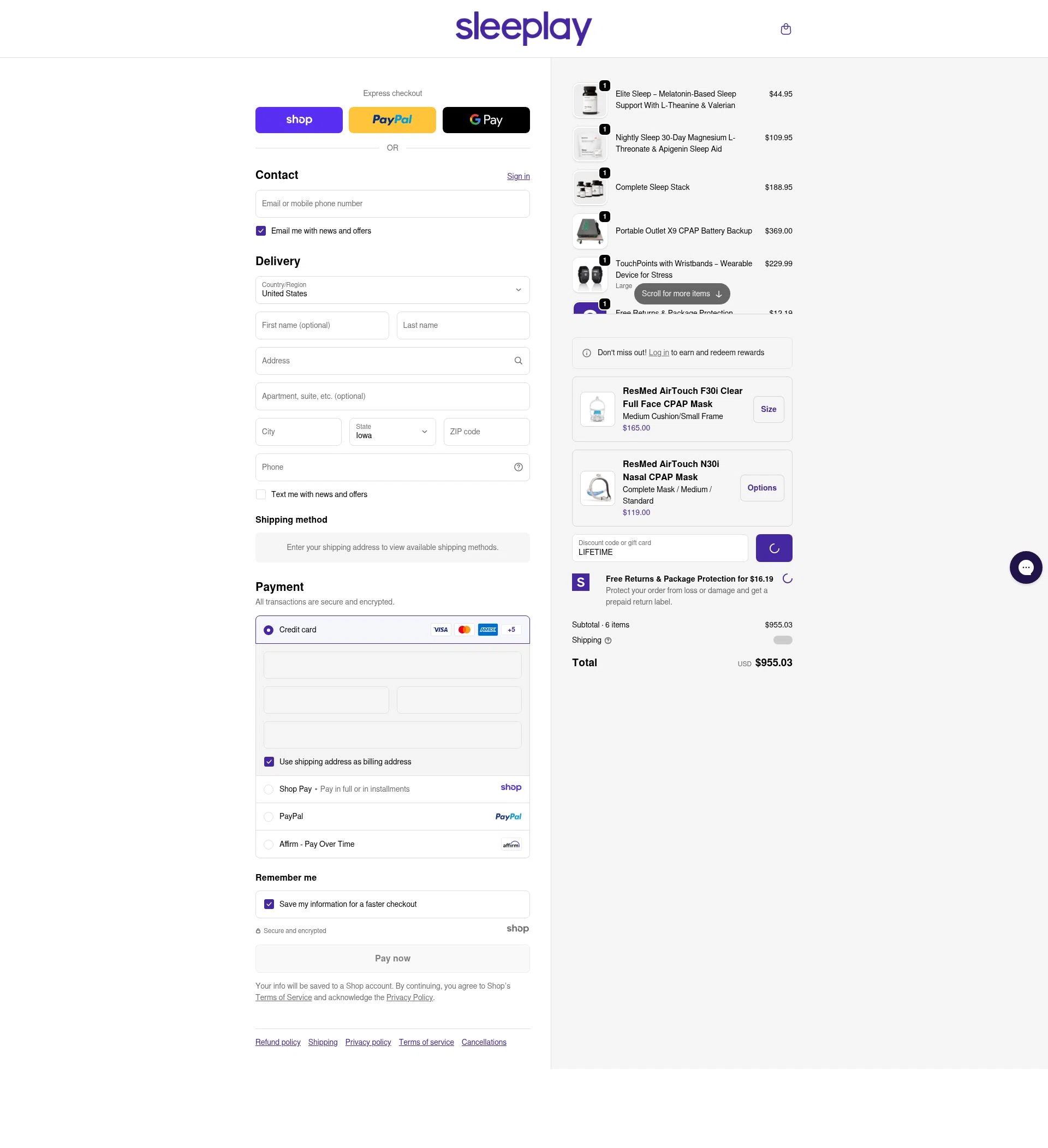 Sleeplay checkout page showing Sleeplay discount code box | Screenshot taken by SimplyCodes community member on Jan 5, 2026