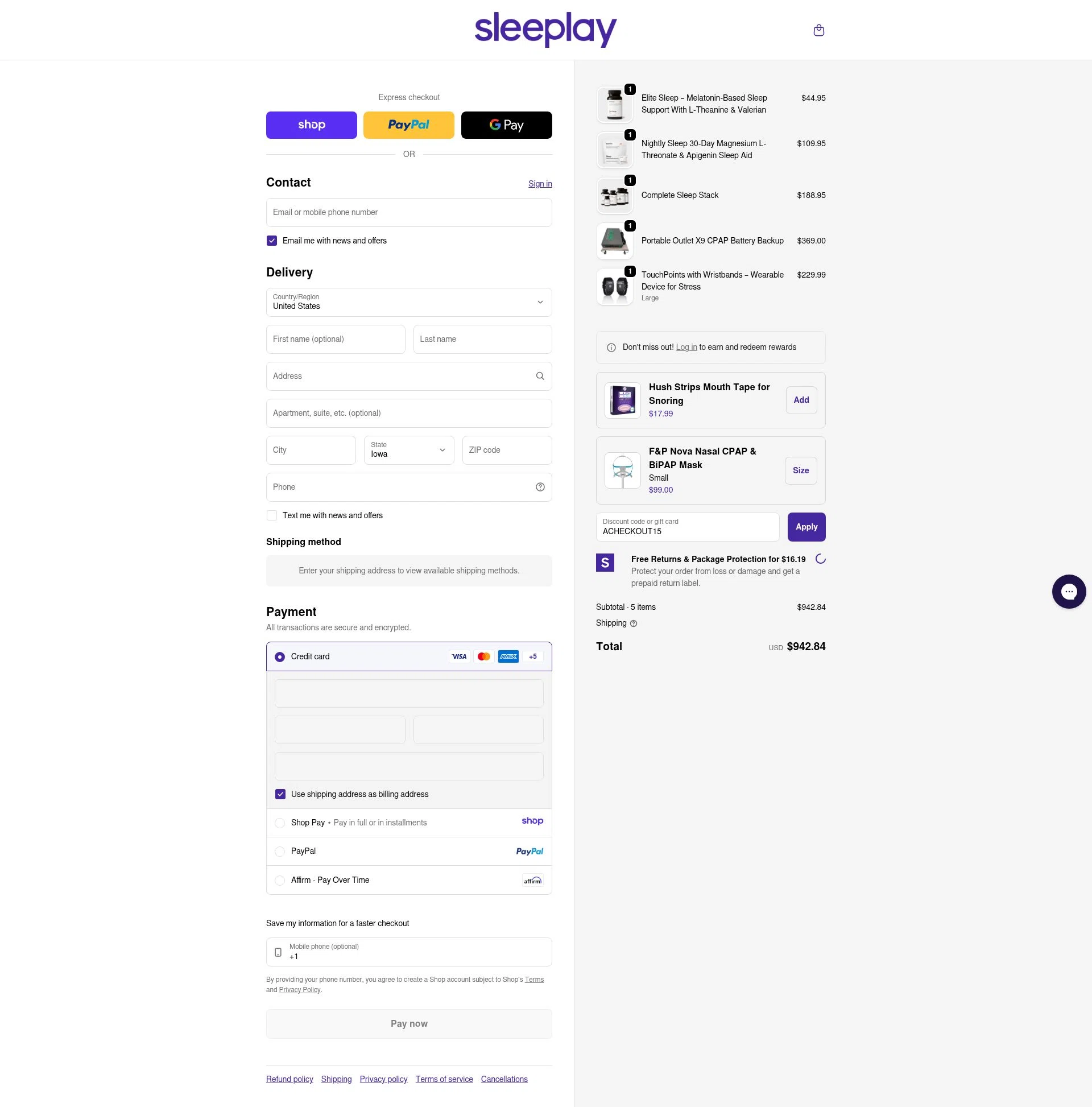 Sleeplay checkout page showing Sleeplay discount code box | Screenshot taken by SimplyCodes community member on Jan 10, 2026