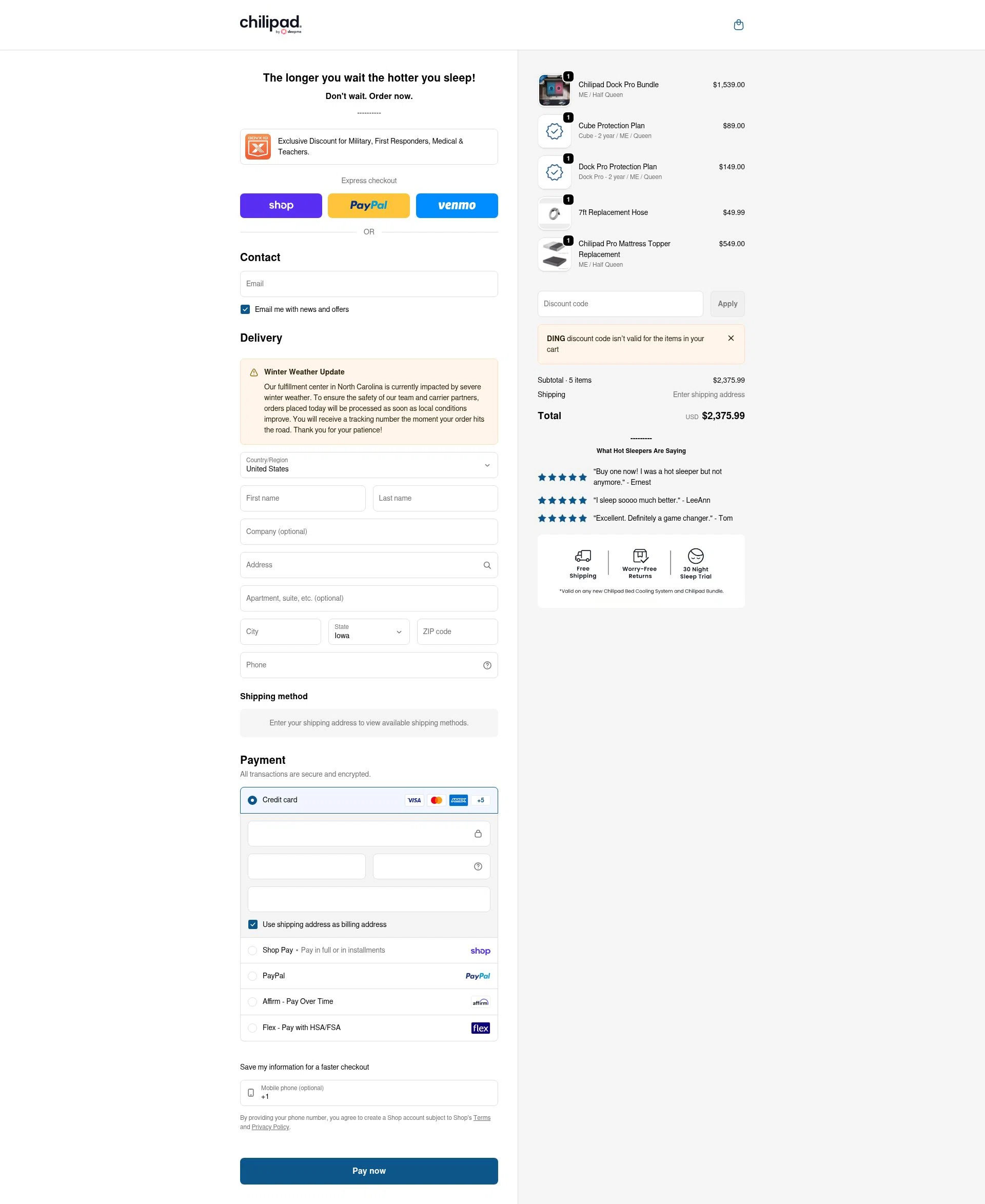Sleepme checkout page showing Sleepme discount code box | Screenshot taken by SimplyCodes community member on Jan 31, 2026