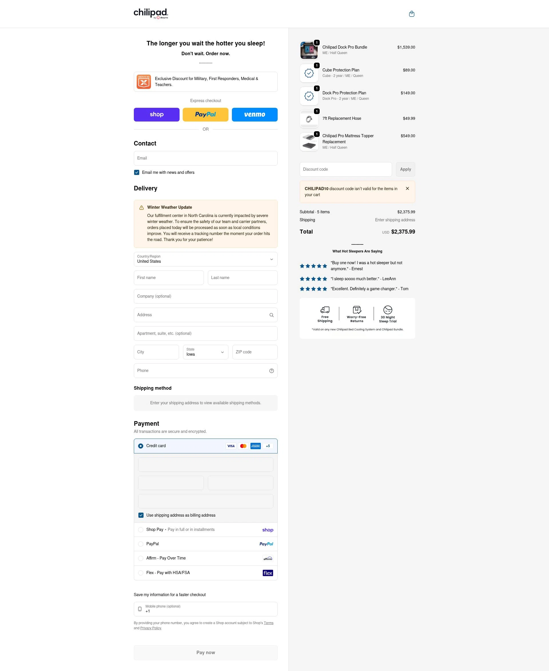Sleepme checkout page showing Sleepme discount code box | Screenshot taken by SimplyCodes community member on Jan 31, 2026