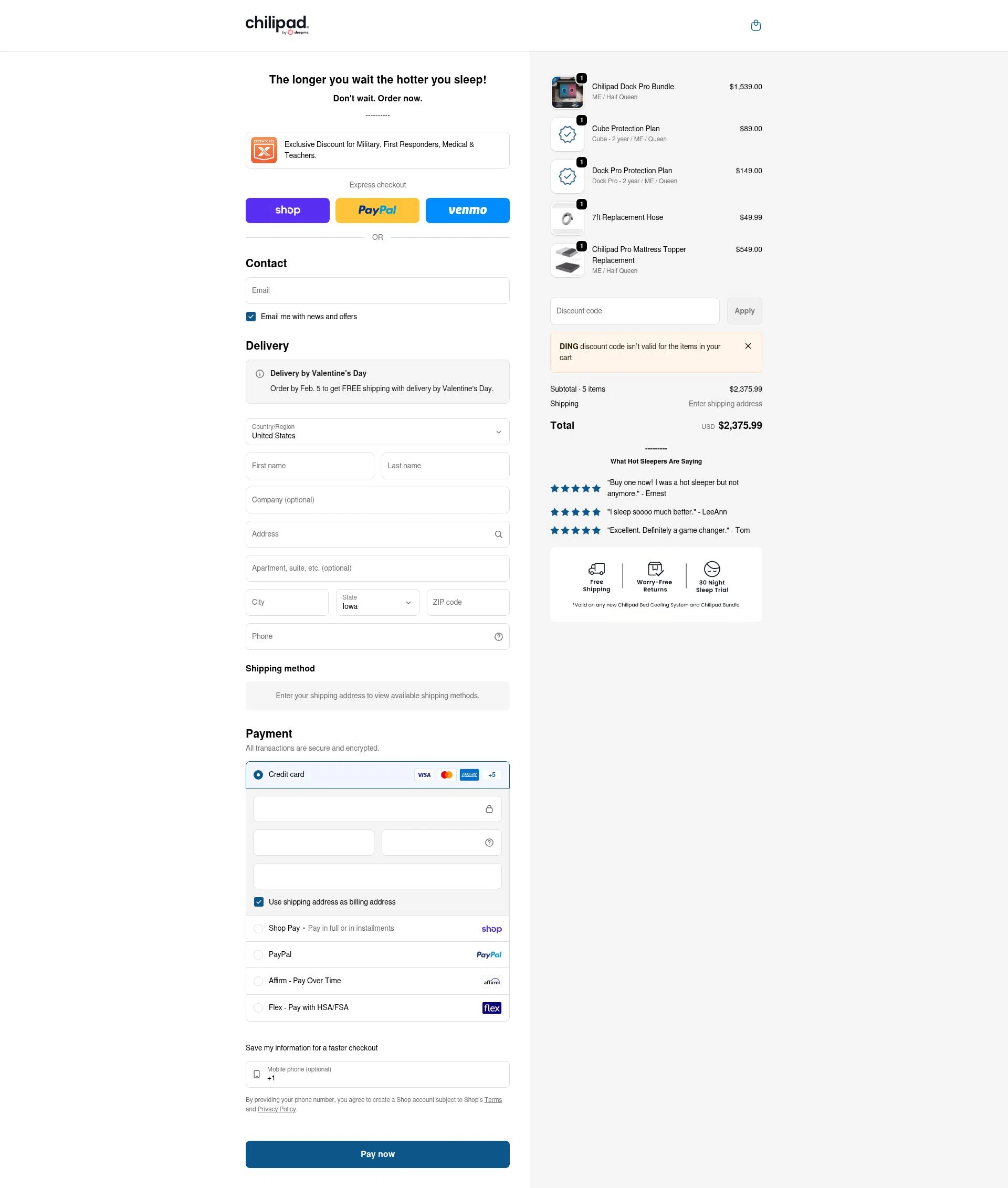 Sleepme checkout page showing Sleepme discount code box | Screenshot taken by SimplyCodes community member on Feb 5, 2026